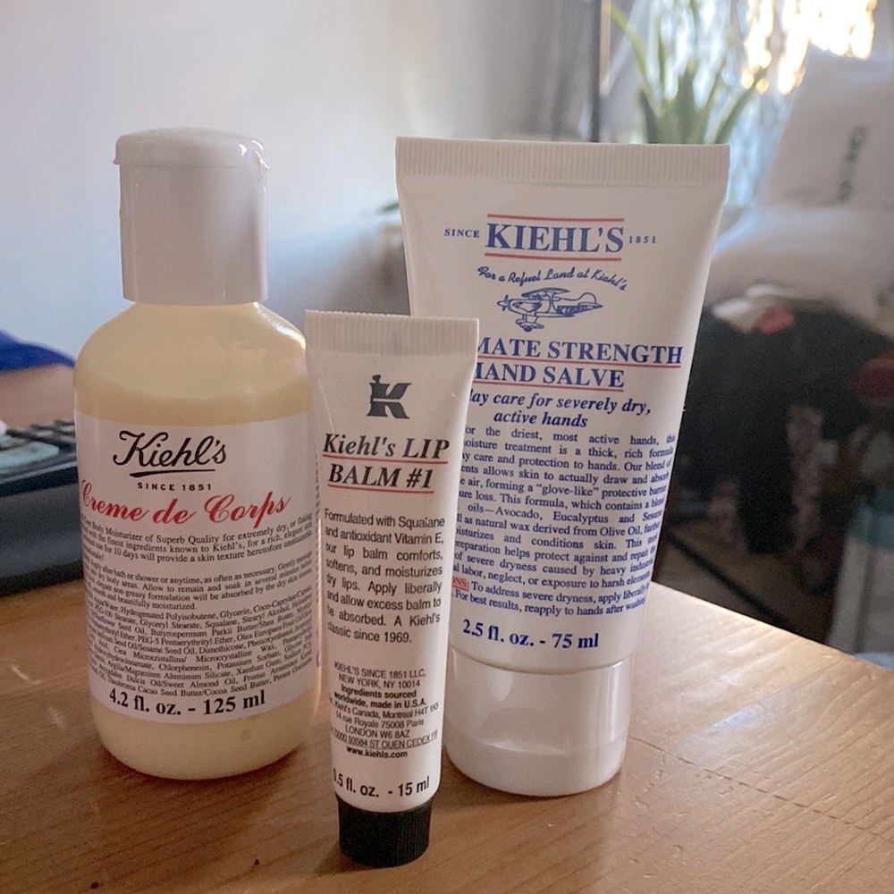 Set of 3 UNISEX KIEHLS lip balm, hand salve, crème de corps (body lotion)